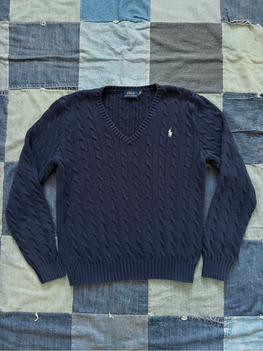 Polo Ralph Lauren Cable Knit Sweater Womens Size XL Navy Blue Cotton Pony Logo